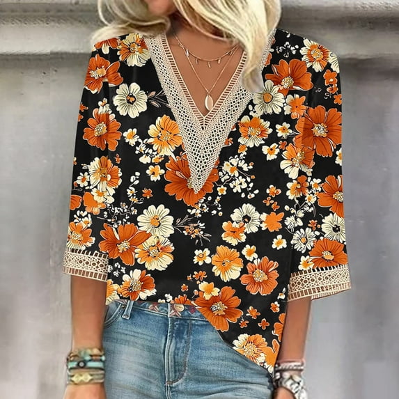 Xdegoge Womens 3/4 Sleeve T Shirts Floral V Neck T Shirts Tunic Fit Business Casual Tops Trendy Summer Tops 2025 Y2K Cute Boho Shirts Orders Placed By Me ofertas En orange S