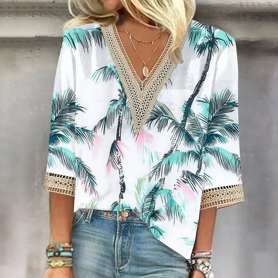 Xdegoge Womens 3/4 Sleeve T Shirts Floral V Neck T Shirts Tunic Fit Business Casual Tops Trendy Summer Tops 2025 Y2K Cute Boho Shirts Orders Placed By Me ofertas En White L