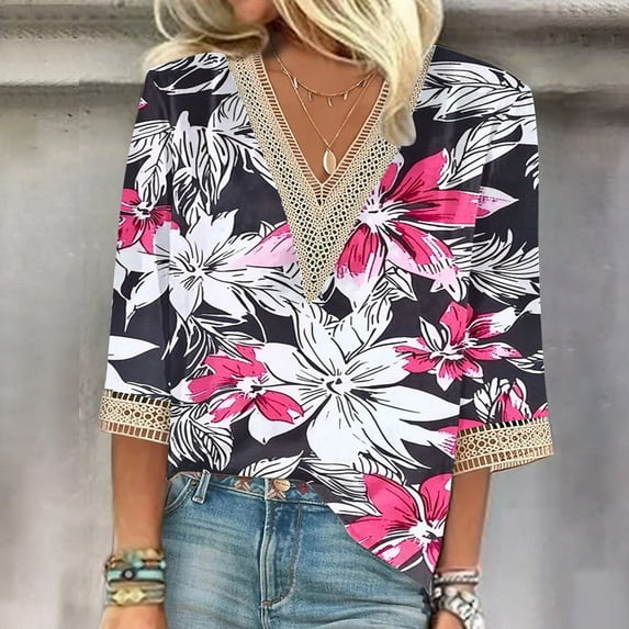 Xdegoge Womens 3/4 Sleeve T Shirts Floral V Neck T Shirts Tunic Fit Business Casual Tops Trendy Summer Tops 2025 Y2K Cute Boho Shirts Orders Placed By Me ofertas En Hot Pink Xl