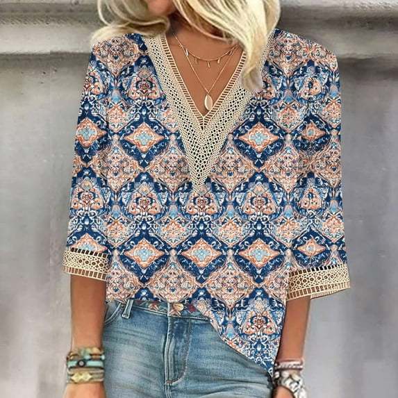 Xdegoge Womens 3/4 Sleeve T Shirts Floral V Neck T Shirts Tunic Fit Business Casual Tops Trendy Summer Tops 2025 Y2K Cute Boho Shirts Orders Placed By Me ofertas En blue 3Xl