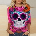 thumbnail image 1 of Xdegoge Womens 3/4 Sleeve Tops Casual Crewneck Day Of The Dead Sugar Skull Print Loose Fit Tees for Halloween Festival Holiday Everyday Wear, 1 of 5