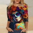 thumbnail image 1 of Xdegoge Womens 3/4 Sleeve Tops Casual Crewneck Day Of The Dead Sugar Skull Print Loose Fit Tees for Halloween Festival Holiday Everyday Wear, 1 of 5