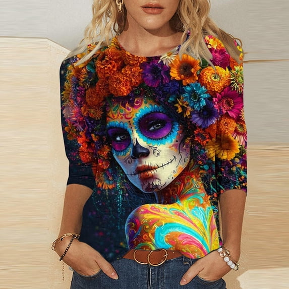 Xdegoge Womens 3/4 Sleeve Tops Casual Crewneck Day Of The Dead Sugar Skull Print Loose Fit Tees for Halloween Festival Holiday Everyday Wear