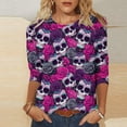 thumbnail image 1 of Xdegoge Womens 3/4 Sleeve Tops Casual Crewneck Day Of The Dead Sugar Skull Print Loose Fit Tees for Halloween Festival Holiday Everyday Wear, 1 of 5