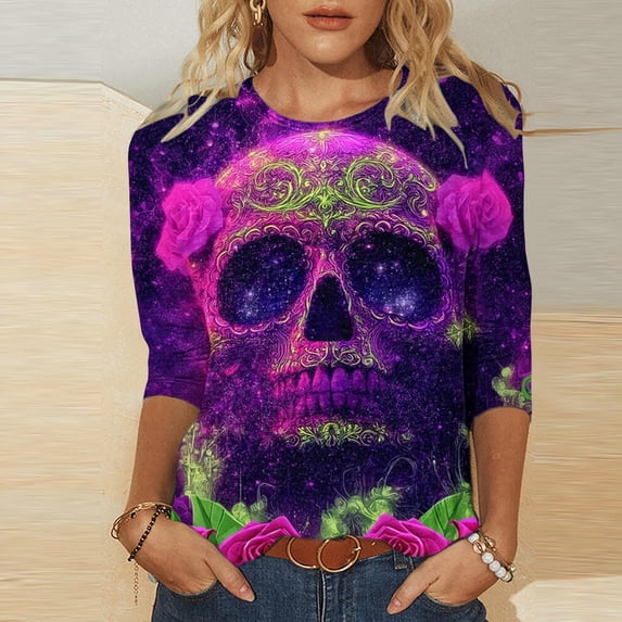Xdegoge Womens 3/4 Sleeve Tops Casual Crewneck Day Of The Dead Sugar Skull Print Loose Fit Tees for Halloween Festival Holiday Everyday Wear
