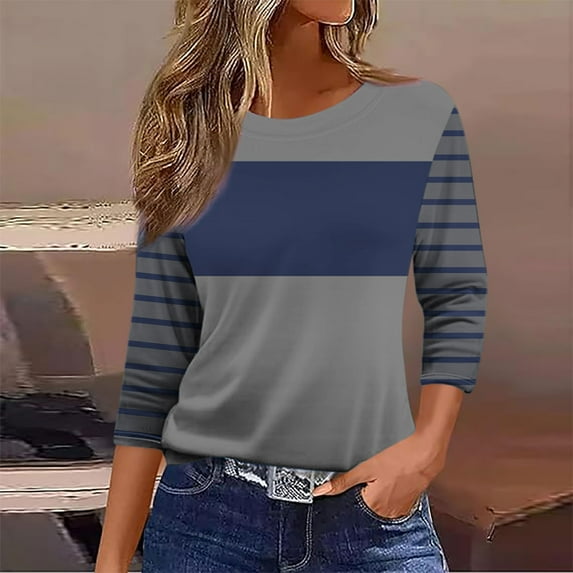 Xdegoge Womens 3/4 Sleeve Tops Dressy Casual Boho Blouses Striped Color Block Tees Summer Crewneck Pullover T-Shirts Beach Vacation Going Out Shirts Athletic Workout Tops Ropa Para Mujer