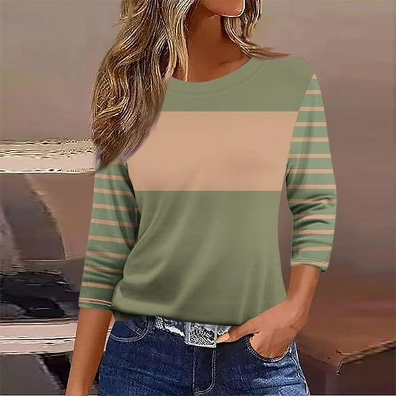Xdegoge Womens 3/4 Sleeve Tops Dressy Casual Boho Blouses Striped Color Block Tees Summer Crewneck Pullover T-Shirts Beach Vacation Going Out Shirts Athletic Workout Tops Ropa Para Mujer
