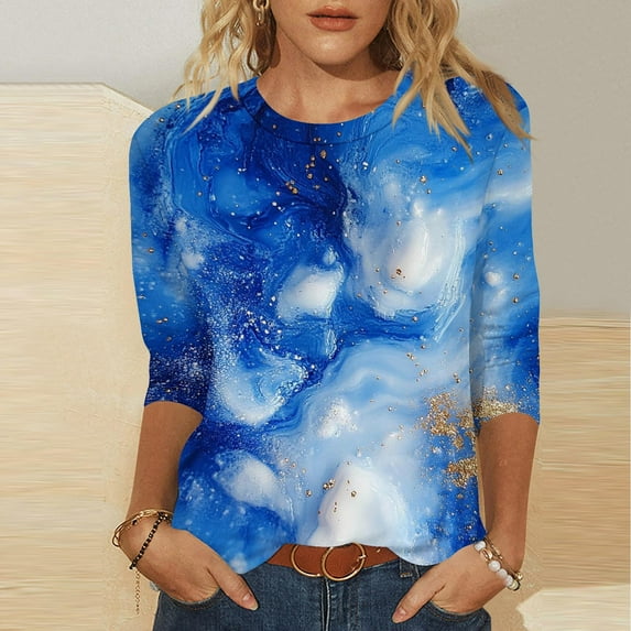 Xdegoge Womens 3/4 Sleeve Tops Trendy Crew Neck Dressy Casual Shirts Womens Summer Outfits Comfy Loose Fit Tees Blue M Womens Clothing ofertas En
