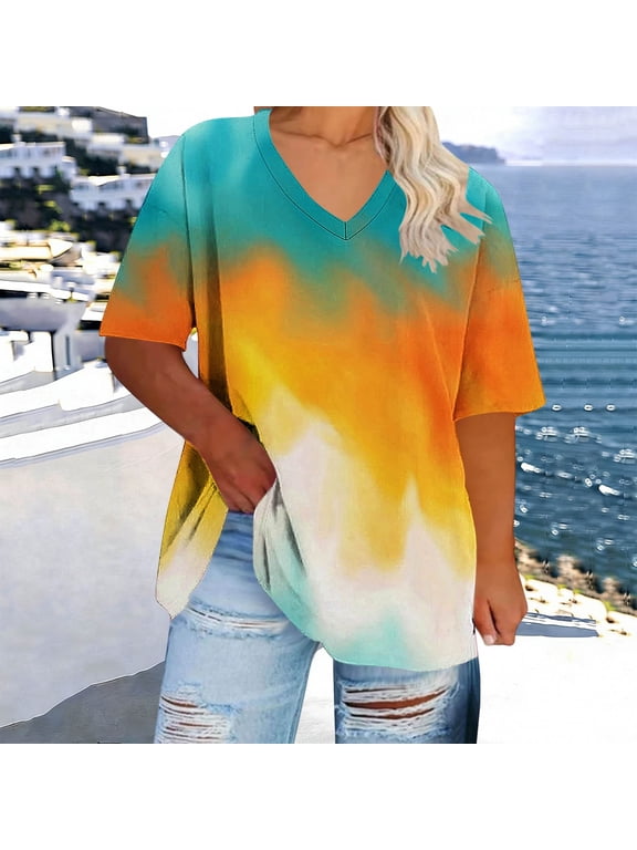 Womens Aesthetic Cloud Tie Dye T Shirt V Neck Short Sleeve Galaxy Pastel Print Relaxed Fit Artistic Y2K Style Summer Casual Fashion Apparel Tees Tops Shirts