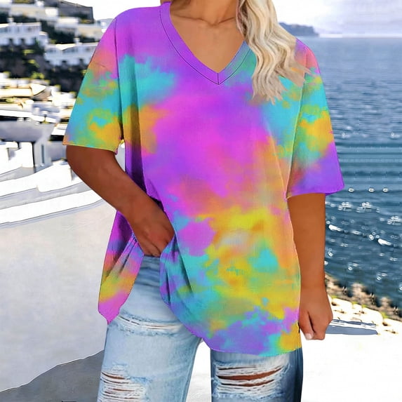 Xdegoge Womens Aesthetic Cloud Tie Dye T Shirt V Neck Short Sleeve Galaxy Pastel Print Relaxed Fit Artistic Y2K Style Summer Casual Fashion Apparel Tees Tops Shirts