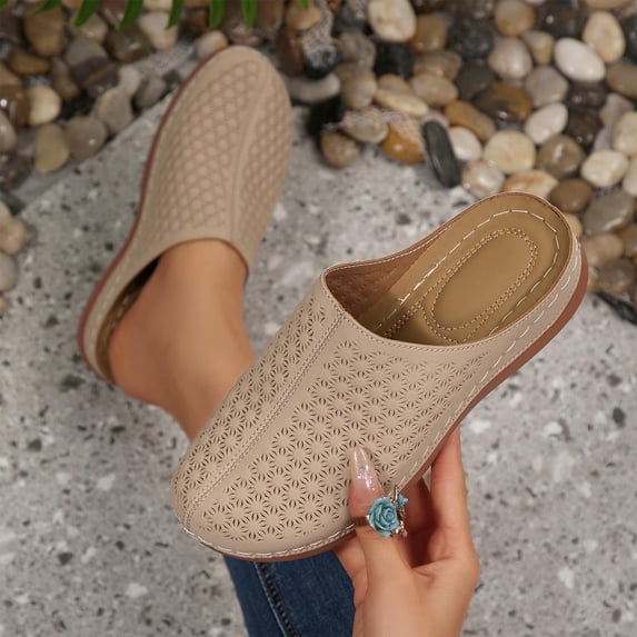 Xdegoge Womens Backless Mules Closed Toe Perforated Easy On Summer Shoes Flat Casual Breathable Lightweight Hollow Out Dressy Chic Footwear for Ladies