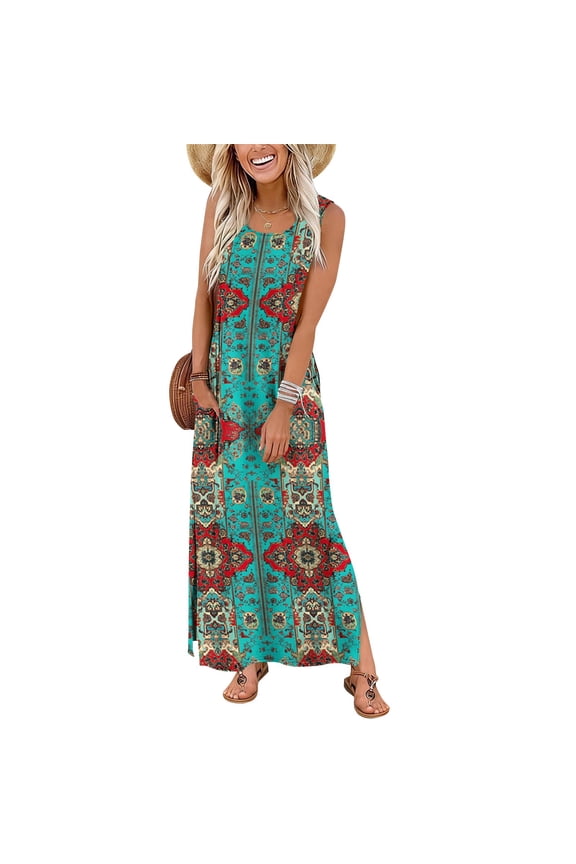 Womens Boho Dresses Crew Neck Sleeveless Tank Dress Bright Tropical Print Sundresses Fashion Summer Beach Vacation Outfits with Side Slit & Pockets