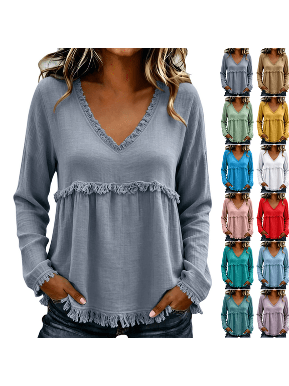 Womens Boho Tops V Neck Long Sleeve Shirts Textured Fringe Hem Blouse Casual Loose Tunic Lightweight Fall Pullover Flattering Vintage Style Wear