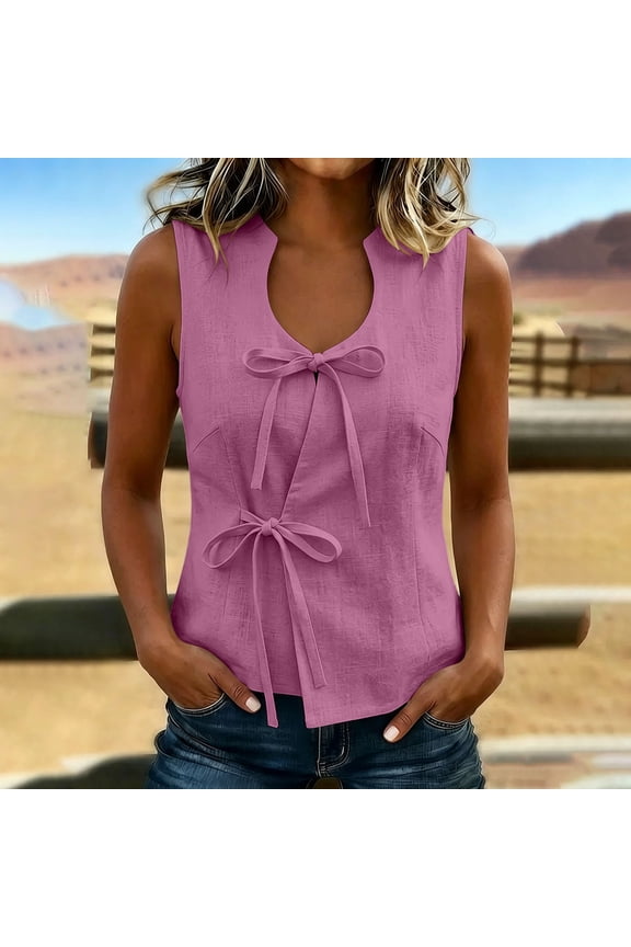 Womens Bow Tie Front Tops Sleeveless Keyhole Blouses Textured Summer Shirts Casual Elegant Tees Soft V Neck Tank Tunics Business Wear Office Work Summer Shirt