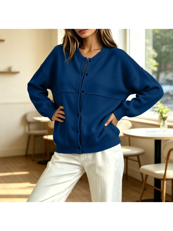 Womens Button Down Sweatshirt Casual Crewneck Cardigan Jacket Long Sleeve Drop Shoulder Top with Pockets Lounge Everyday Wear