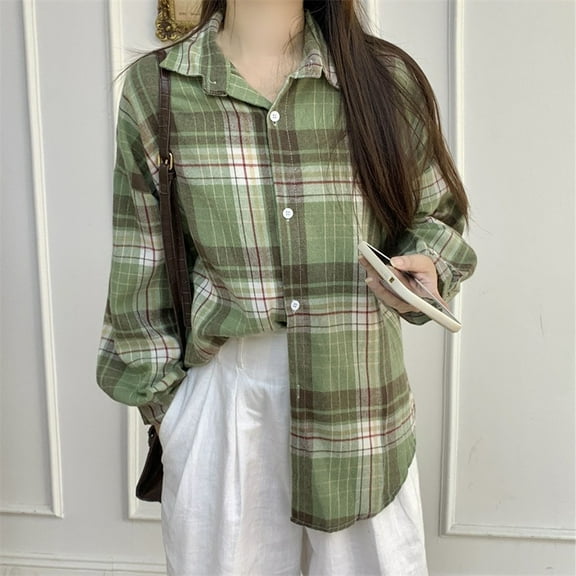 Xdegoge Womens Button Down Shirt Long Sleeve Collared Oversized Shirt Jackets Plaid Flannel Shirts Dressy Casual Loose Fit Tops Y2K Trendy Work Shackets Workwear
