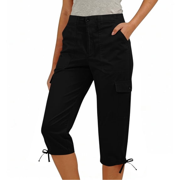 Xdegoge Womens Capris Summer Cargo Pants with Pockets Casual High Waisted Cropped Trousers Adjustable Drawstring Hem Hiking Outdoor Walking Bottoms