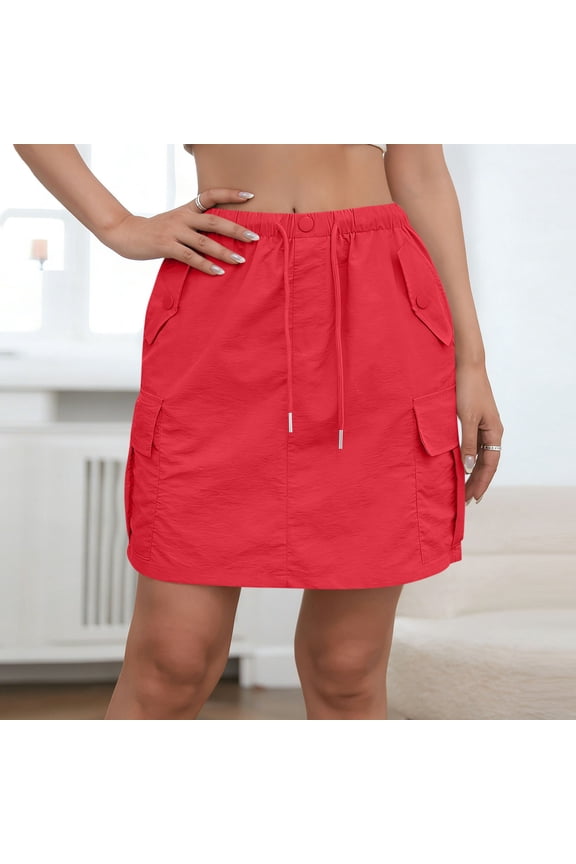 Womens Cargo Skirt Elastic Waist Drawstring Solid Color Skort Lightweight Summer Stylish Outdoor Sport Mini Skirts with Pockets
