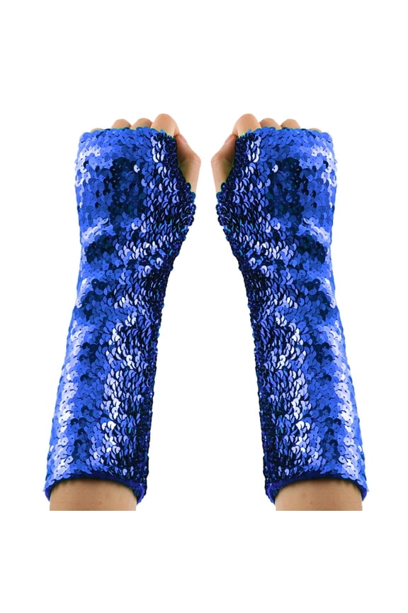Womens Carnival Glove Sequin Covered Fingerless Long Cuff Gloves Fashion Sparkly Stretchy Soft Glove for Theme Party, Stage Performance