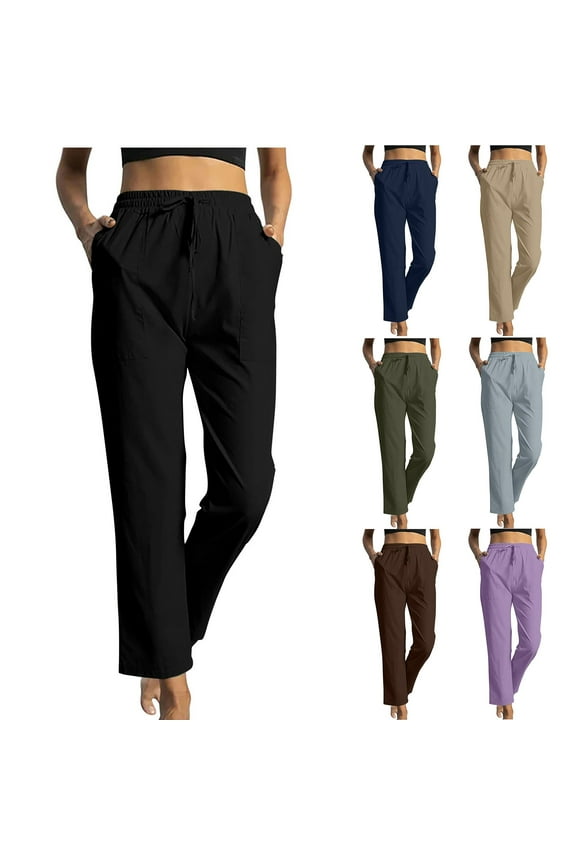 Womens Casual Cotton Linen Pants Straight Leg Business Causal Slacks Summer Drawstring Pull on Pants Loose Summer Lightweight Elastic Wide Leg Trousers Pantalones De Lino Para Hombres