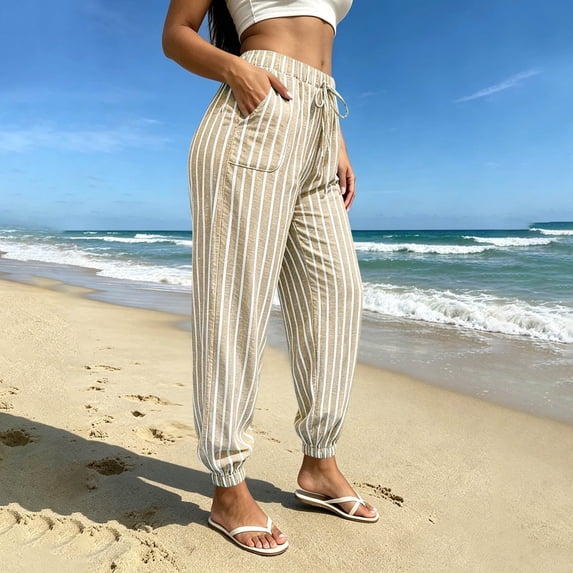 Xdegoge Womens Casual Jogger Pants Striped Boho Beach Trousers Lightweight Breathable Flowy Fit with Elastic Waist Drawstring and Pockets Summer Vacation Bottoms