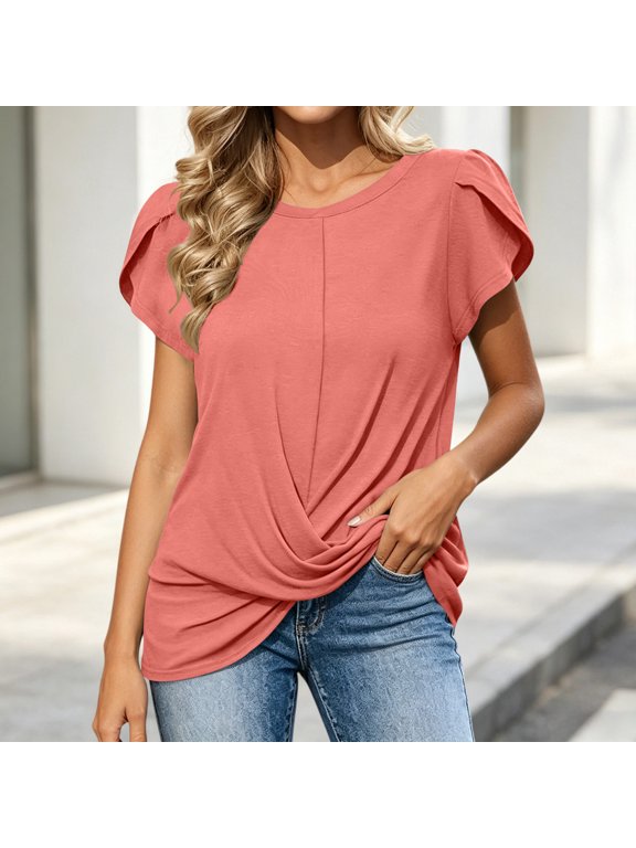 Womens Casual Twist Front Hem Tops Short Petal Sleeve Crewneck Basic Tees Solid Elegant Ruched Fitted Blouses Summer Daily Outing Vacation Party Basic Shirts