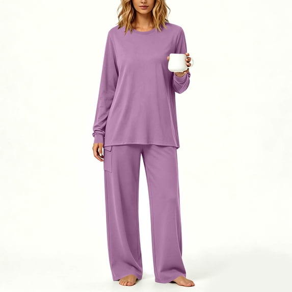 Xdegoge Womens Casual Two Piece Outfits Crewneck Long Sleeve Tunic Top and Wide Leg Sweatpants Set with Pockets Comfy Relaxed Fit Fall Loungewear Sweatsuits