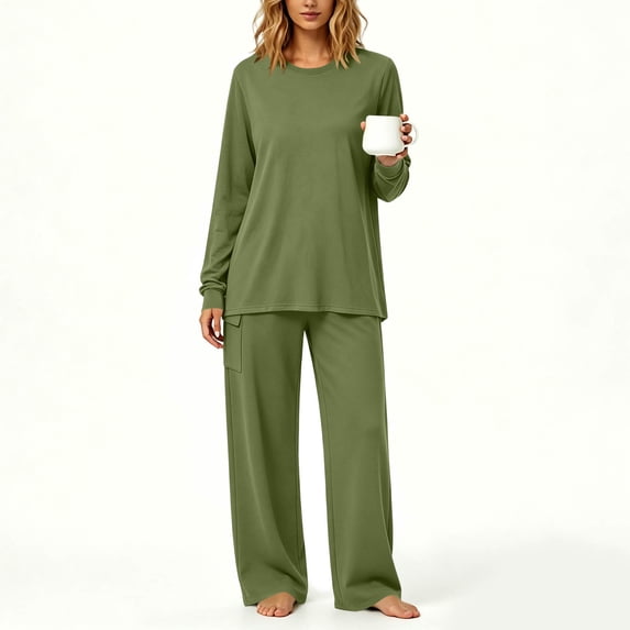 Xdegoge Womens Casual Two Piece Outfits Crewneck Long Sleeve Tunic Top and Wide Leg Sweatpants Set with Pockets Comfy Relaxed Fit Fall Loungewear Sweatsuits