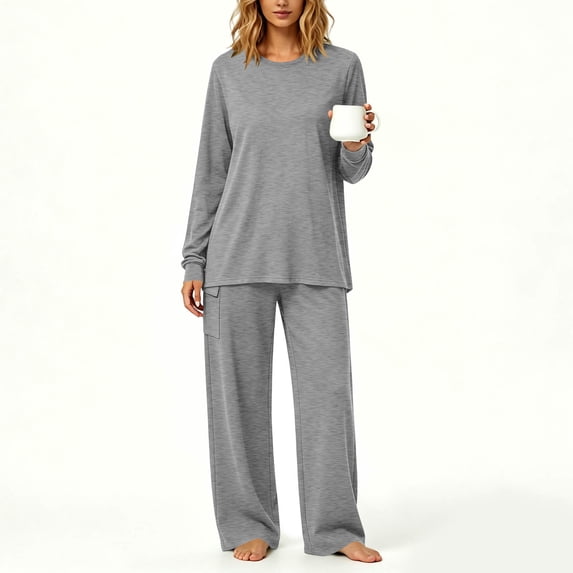 Xdegoge Womens Casual Two Piece Outfits Crewneck Long Sleeve Tunic Top and Wide Leg Sweatpants Set with Pockets Comfy Relaxed Fit Fall Loungewear Sweatsuits