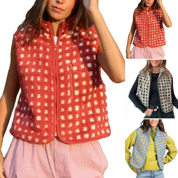 Xdegoge Womens Checkered Sherpa Vest Sleeveless Winter Trendy Zip Up Jackets Stand Collar Casual Trendy Vests Winter Warm Outerwear Coats 2025