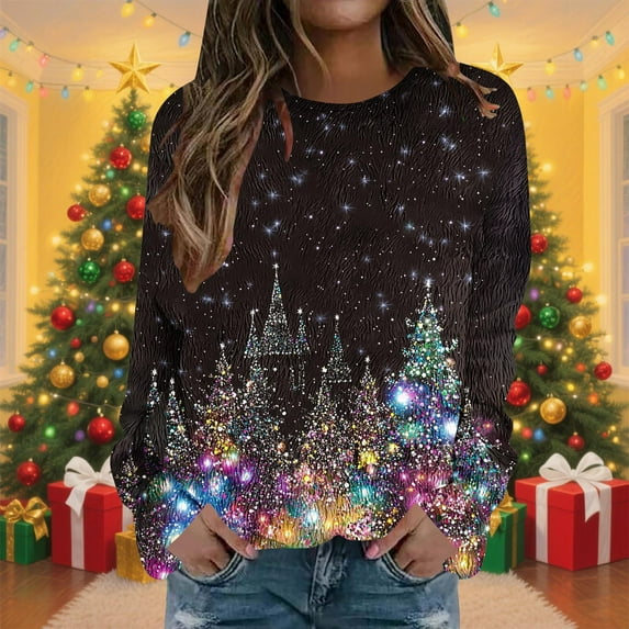 Xdegoge Womens Christmas Sweatshirt Xmas Tree Sequin Long Sleeve Tops Vintage Holiday Crew Neck Sweatshirts Pullover Winter Funny Tops 2025