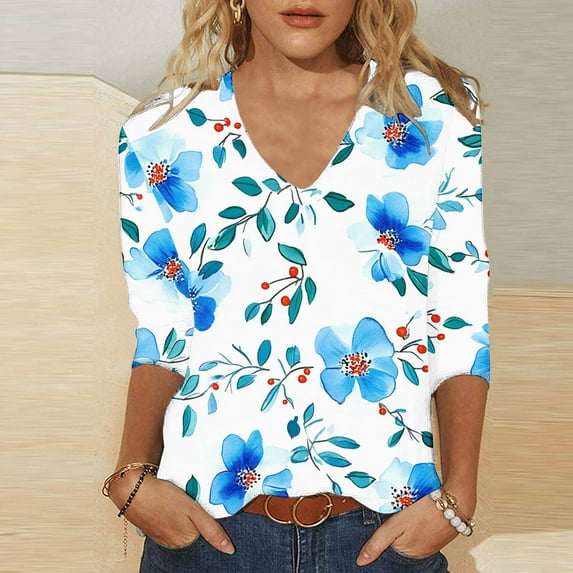 Xdegoge Womens Under 10 3/4 Sleeve T Shirts For Women Floral V Neck T Shirts Going Out Summer Fashion Tops 2025 Dressy Casual Shirts Y2K Cute Boho Shirts Sales Today