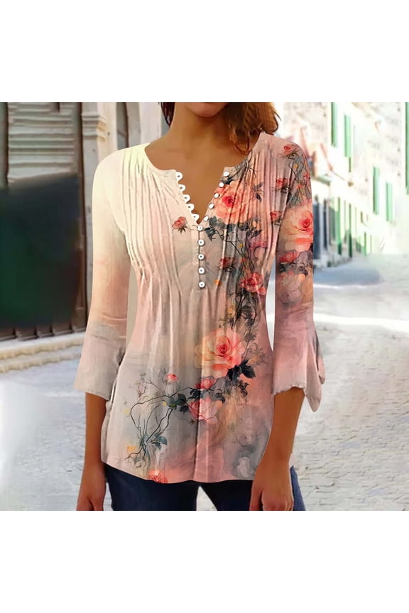 Womens 3/4 Length Sleeve Womens Tops Button Down V Neck T Shirts Floral Summer Tunic Ladies Tops Elegant Dressy Casual Blouses Fashion Vacation Tee Shirts Ropa Mujer