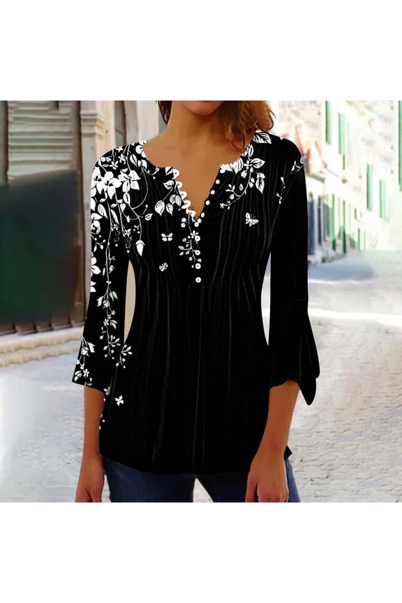 Womens Clothes 3/4 Length Sleeve Womens Tops Button Down V Neck T Shirts Floral Summer Tunic Ladies Tops Elegant Dressy Casual Blouses Fashion Vacation Tee Shirts Ropa Mujer