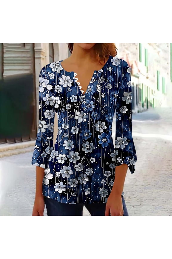 Womens Clothes 3/4 Length Sleeve Womens Tops Button Down V Neck T Shirts Floral Summer Tunic Ladies Tops Elegant Dressy Casual Blouses Fashion Vacation Tee Shirts Ropa Mujer