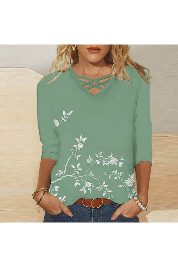 Womens Clothes Ladies Tops 3/4 Sleeve Trendy V Neck T Shirts Summer Floral Tunic Ladies Tops Loose Fit Dressy Casual Blouses Fashion Vacation Tee Shirts Ropa Mujer
