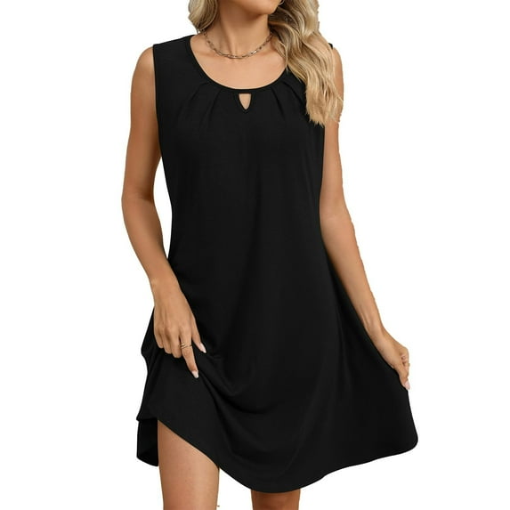 Xdegoge Womens Clothes Mini Dress for Women 2025 Summer Sleeveless Crew Neck Pleated Boho Sun Dresses Casual Loose Fit Solid Lightweight Beach Shirt Dress