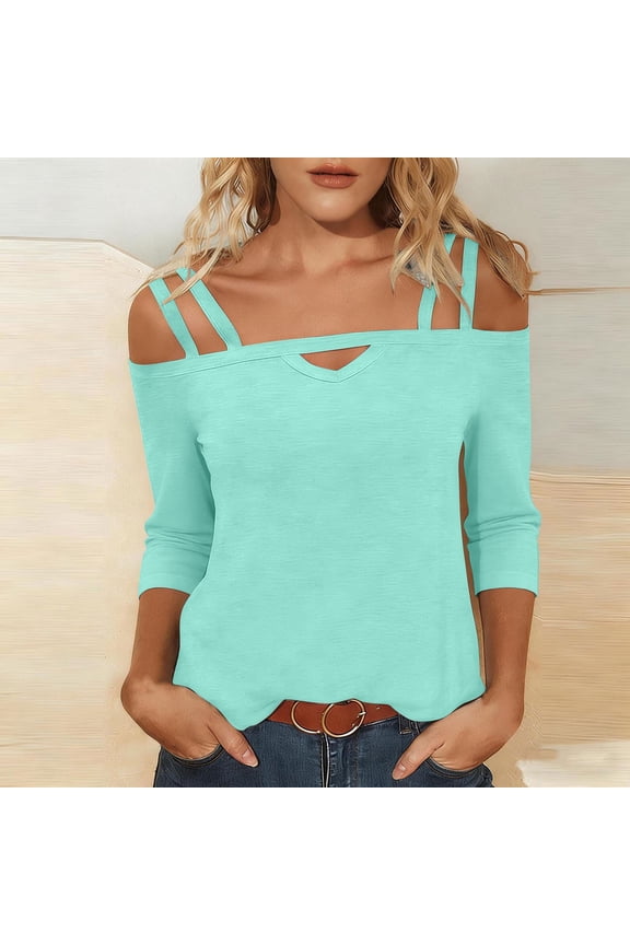 Womens Cold Shoulder Tops Strappy Cutout V Neck Three Quarter Sleeve T Shirts Casual Elegant Classic Tunic Blouse Date Night Tees Retro Daily Streetwear