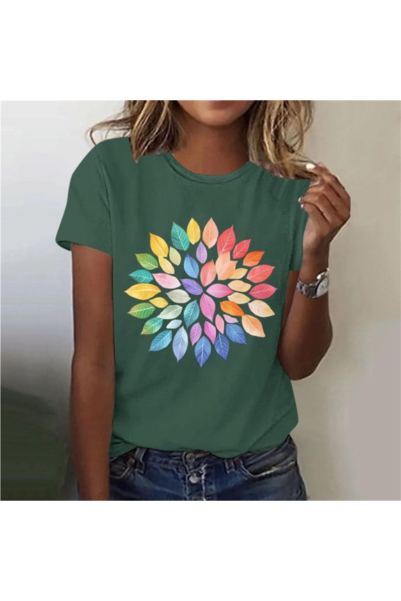 Womens Colorful Leaf Graphic T Shirt Short Sleeve Crewneck Summer Casual Tee Lightweight Breathable Artistic Foliage Print Nature Lover Fashion Graphic Tees Shirts