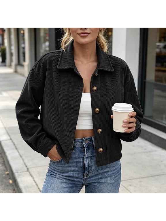 Womens Corduroy Button Down Shirts Jackets Casual Long Sleeve Lapel Collar Shacket Cropped Fall Winter Outerwear with Button Cuffs