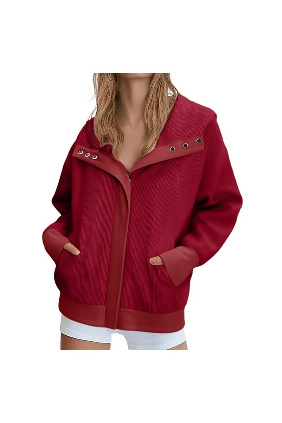 Womens Corduroy Jackets Zip Up Lapel Coat Vertical Stripe Tops Fashion Color Block Patchwork Coat Trendy Fall Winter Coat Hoodies with Pockets