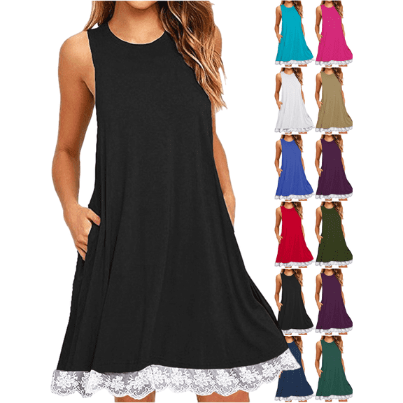 Xdegoge Womens Cotton Sleeveless Tshirt Dress Chic Round Neck Flowy Loose Fit Summer Vacation Sundress with Pockets Scalloped Lace Hem Detail for Home Lounging Mothers Day