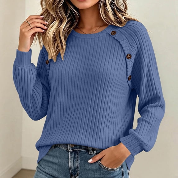 Xdegoge Womens Crewneck Ribbed Sweater Long Sleeve Pullover Tops with Button Shoulder Details Casual Fall Winter Knit Elegant Basic Fitted Knitwear