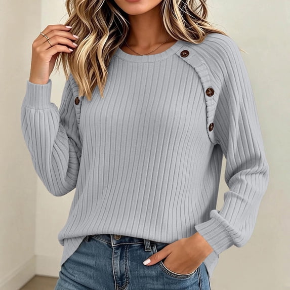 Xdegoge Womens Crewneck Ribbed Sweater Long Sleeve Pullover Tops with Button Shoulder Details Casual Fall Winter Knit Elegant Basic Fitted Knitwear