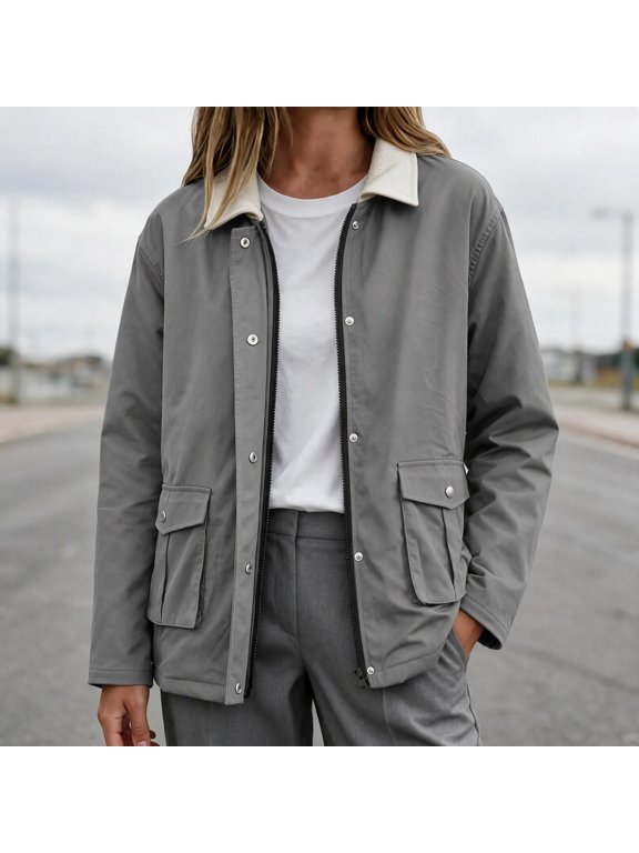 Womens Cropped Barn Jacket Lightweight Zip Up Snap Button Fall Casual Outerwear with Pockets Vintage Contrast Collar Utility Shacket