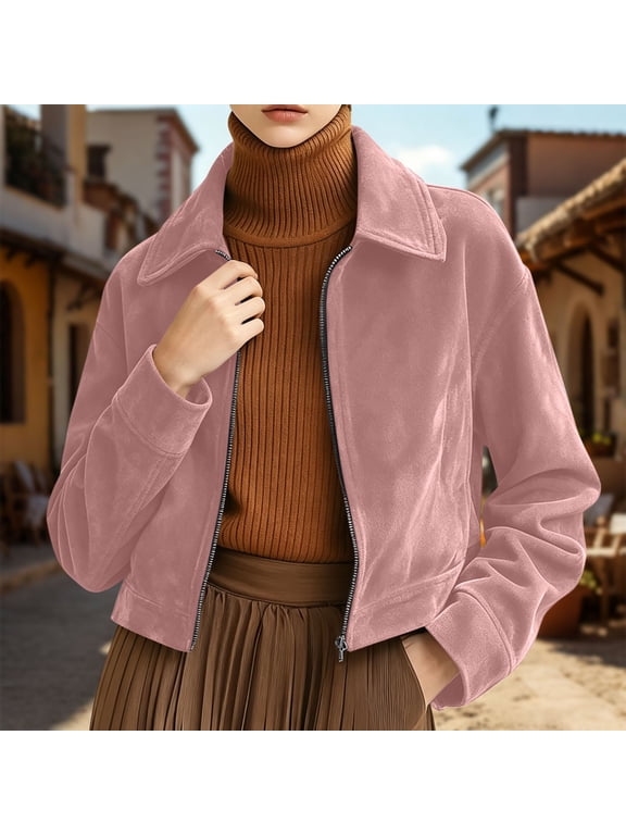 Womens Cropped Jacket Faux Suede Full Zip Up Lightweight Outerwear Long Sleeve Lapel Collar Fall Fashion Casual Moto Coat for Daily Office Vacation