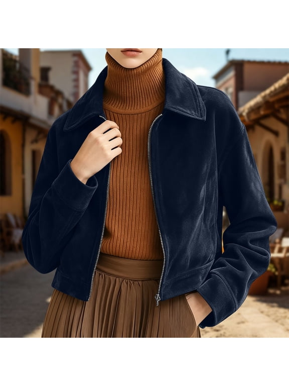 Womens Cropped Jacket Faux Suede Full Zip Up Lightweight Outerwear Long Sleeve Lapel Collar Fall Fashion Casual Moto Coat for Daily Office Vacation