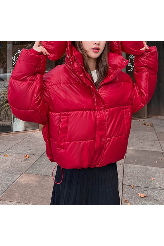Womens Cropped Down Jacket Zip Up Drawstring Hem Thicken Padded Jackets Hooded with Cute Ears Fluffy Warm Solid Color Quilted Coat Baggy Y2K Winter Puffer Coats 2025