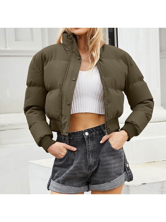 Womens Cropped Puffer Jacket Winter Long Sleeve Stand Collar Zip Up Warm Bubble Coat with Pockets Y2K Outerwear Thick Padded Fashion Streetwear