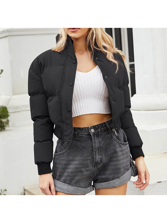 Womens Cropped Puffer Jacket Winter Long Sleeve Stand Collar Zip Up Warm Bubble Coat with Pockets Y2K Outerwear Thick Padded Fashion Streetwear